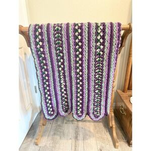 Crocheted Afghan Purple Green Cream Mile A Minute Pattern Handmade Grannycore